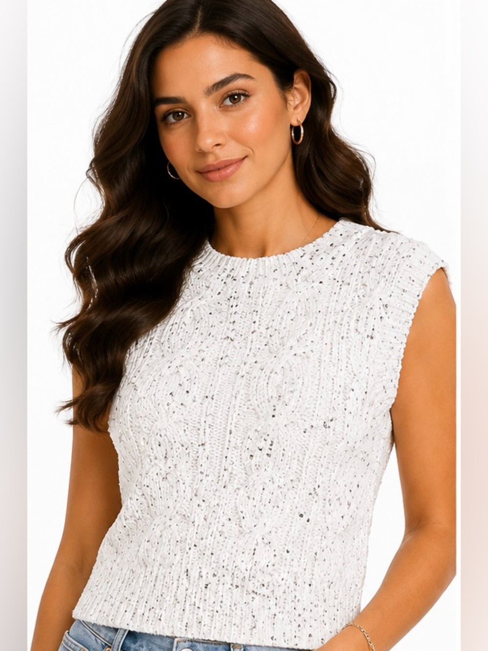 Lorena Antoniazzi White Sequin Cable Knit Sleeveless Sweater